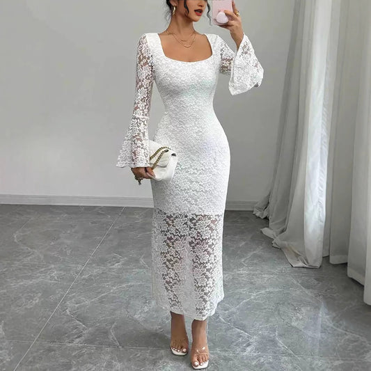 Fashionable Lace-Patchwork Square-Neck Flared-Sleeve Bodycon Dress