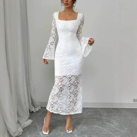 Fashionable Lace-Patchwork Square-Neck Flared-Sleeve Bodycon Dress